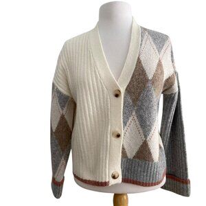 Vintage style Womens Argyle oversized crop Cardigan Sweater V-Neck Button-Up XS